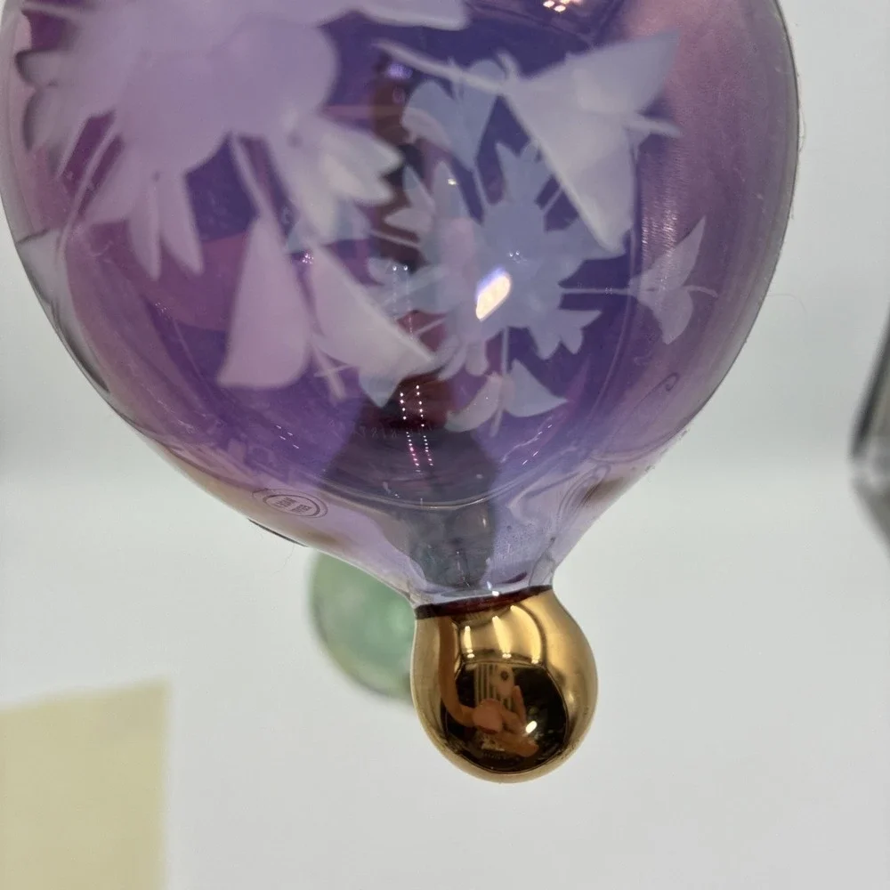 Vintage Egyptian Hand Blown Glass Ornaments Etched Floral Gold Trim Set of 2